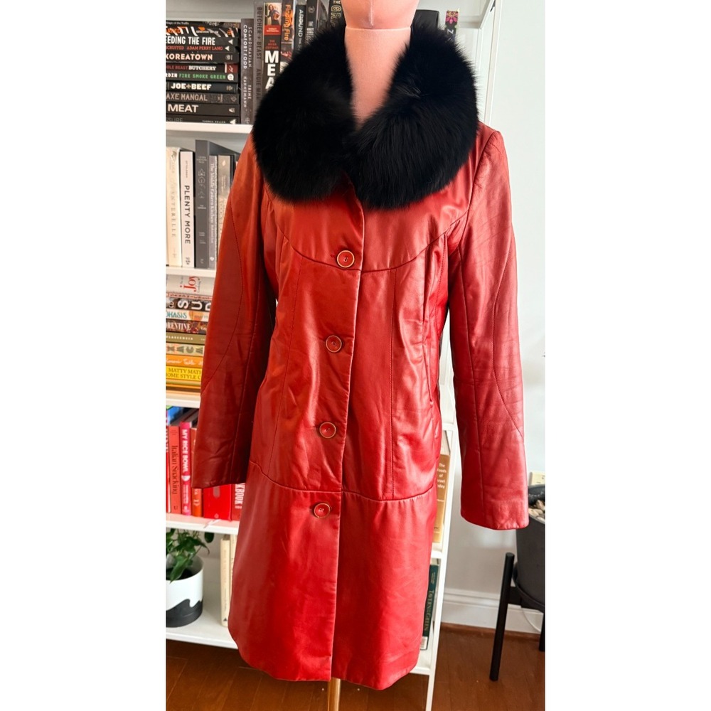 Vogue Virile Vintage Women's Red Leather Coat Real Fur Collar Size M 38 Retro